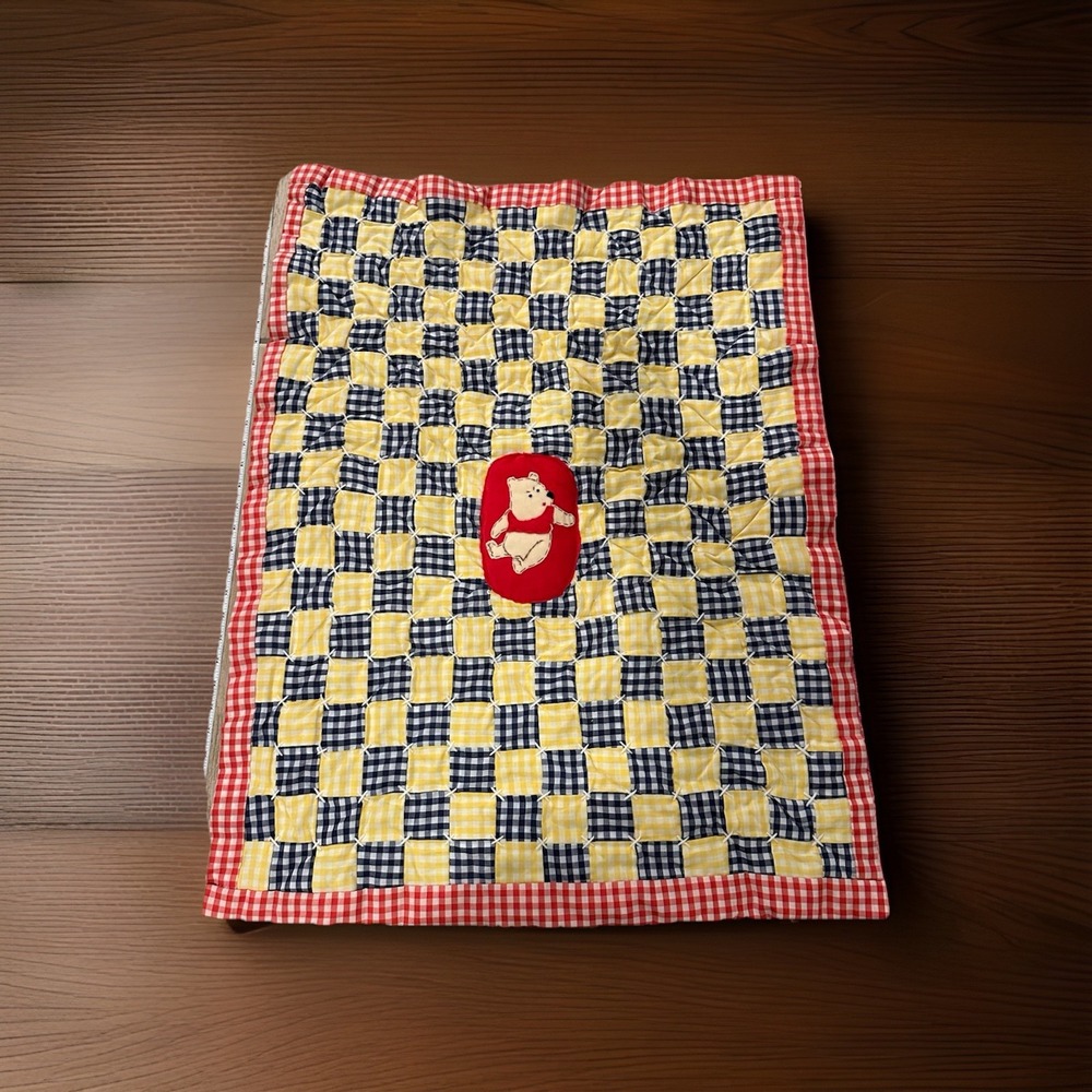 Adorable Handmade Vintage Winnie The Pooh Baby Blanket Red, yellow, Blue Check